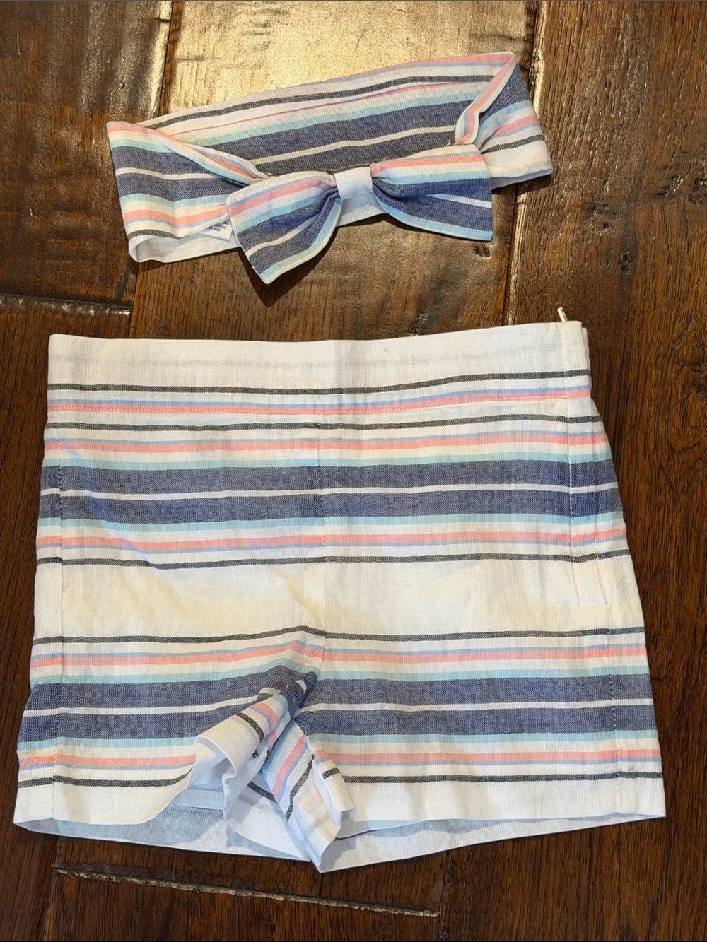 Janie and Jack Blue, White & Pink Striped Cotton Shorts with Matching Headband